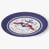 ネイビーブルー&レッドボー航海のトいかり（バナー付き） ペーパープレート (アングル)