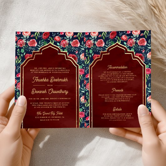 ネイビーブルー レッドローズ フラワー ゴールド インドの結婚式 招待状