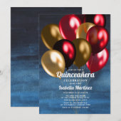 ネイビーブルー レッド ゴールド 風船 Quinceañera 招待状 (正面/裏面)