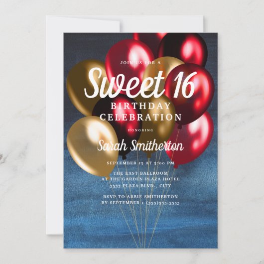 ネイビーブルー レッド ゴールド 風船 Sweet 16 招待状 (正面)