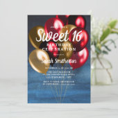 ネイビーブルー レッド ゴールド 風船 Sweet 16 招待状 (スタンド正面)
