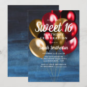 ネイビーブルー レッド ゴールド 風船 Sweet 16 招待状 (正面/裏面)