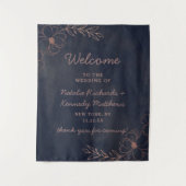 ネイビーブルー＆ローズゴールドの箔押し花の結婚式ウェルカムサイン タペストリー (正面)
