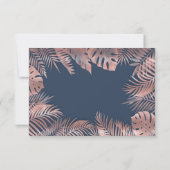 ネイビーブルー ローズゴールドホイル  トロピカルリーフ ロマンティック 出欠カード (裏面)