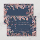 ネイビーブルー ローズゴールドホイル  トロピカルリーフ ロマンティック 出欠カード (正面/裏面)