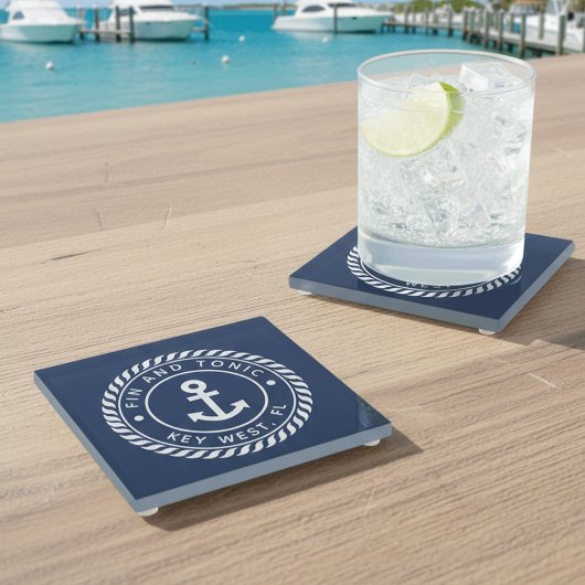 ネイビーブルー | ロープ&いかりロゴボート名 ガラスコースター