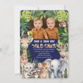 ネイビーブルー ワイルドワン、ツインズ フォトサファリ テーマド 招待状 (正面)