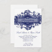 ネイビーブルー ヴィンテージ フラワー ウェディング レセプション カード (正面/裏面)
