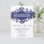 ネイビーブルー ヴィンテージ フラワー ウェディング レセプション カード (スタンド正面)