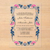 ネイビーブルー&明るい赤紫色フローラスワーズ アクリル招待状 (正面)