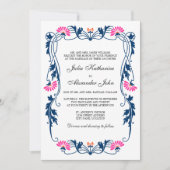 ネイビーブルー&明るい赤紫色フローラスワ結婚ーズ 招待状 (正面)