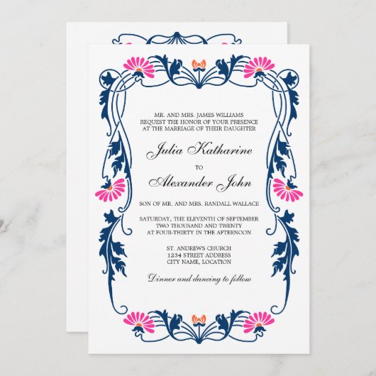 ネイビーブルー&明るい赤紫色フローラスワ結婚ーズ 招待状 (正面/裏面)