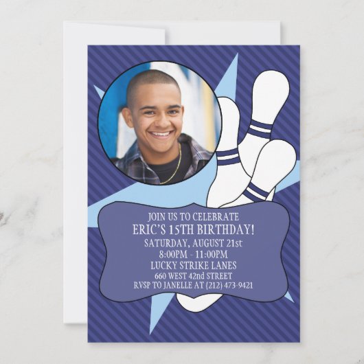 ネイビーブルー 時間を無駄にしない ボウリングパーティーの写真 招待状 (正面)