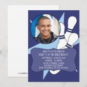 ネイビーブルー 時間を無駄にしない ボウリングパーティーの写真 招待状 (正面/裏面)