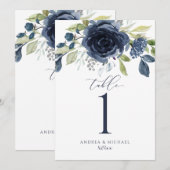 ネイビーブルー 水彩フラワーの結婚式 テーブルナンバー (正面/裏面)