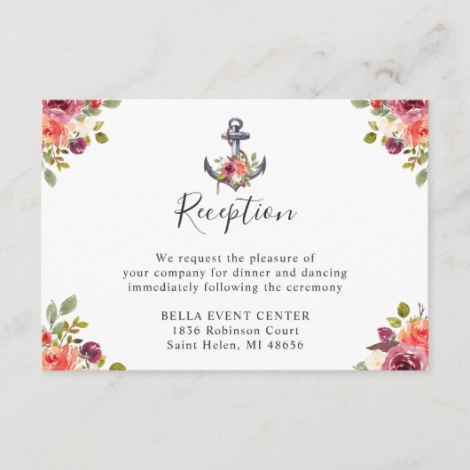 ネイビーブルー 海洋 アンカー 花 結婚式 披露宴 エンクロージャーカード (正面)