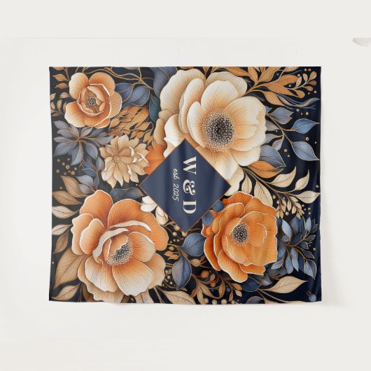 ネイビーブルー、焦げたオレンジとシャンパン結婚ズ タペストリー (正面(横))