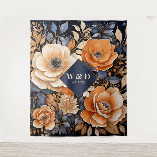 ネイビーブルー、焦げたオレンジとシャンパン結婚ズ タペストリー (正面)