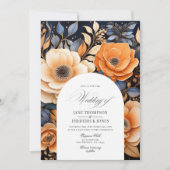 ネイビーブルー、焦げたオレンジとシャンパン結婚ズ 招待状 (正面)