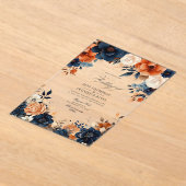 ネイビーブルー，焦げたオレンジ&シャンパンフローラ結婚ズ アクリル招待状 (レイダウン)