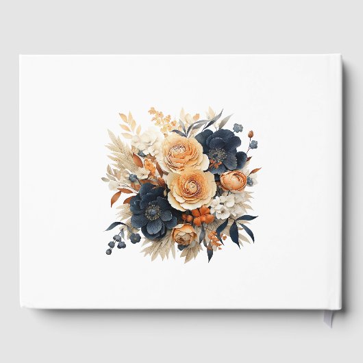 ネイビーブルー，焦げたオレンジ&シャンパンフローラ結婚ズ ゲストブック (裏面)