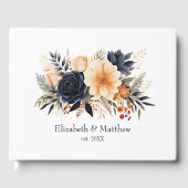 ネイビーブルー，焦げたオレンジ&シャンパンフローラ結婚ズ ゲストブック (正面)