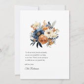 ネイビーブルー，焦げたオレンジ&シャンパンフローラ結婚ズ サンキューカード (裏面)