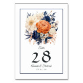 ネイビーブルー,焦げたオレンジ&シャンパンフローラ結婚ズ テーブルナンバー (裏面)