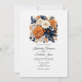 ネイビーブルー,焦げたオレンジ&シャンパンフローラ結婚ズ 招待状 (正面)