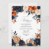 ネイビーブルー、焦げたオレンジ、シャンパン結婚ズ 招待状 (正面)