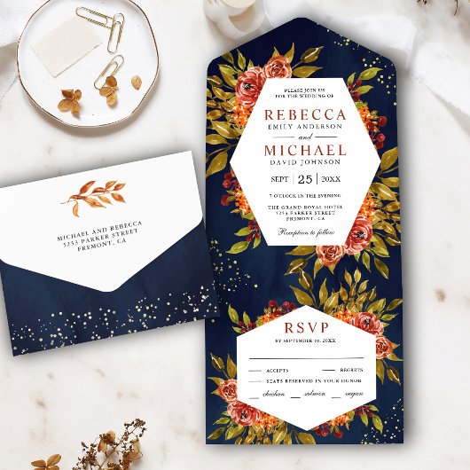 ネイビーブルー+焦茶オレンジの花柄 秋 紅葉シーズンの結婚式 オールインワン招待状