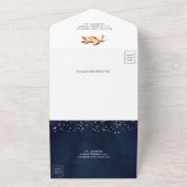 ネイビーブルー+焦茶オレンジの花柄 秋 紅葉シーズンの結婚式 オールインワン招待状 (外側)