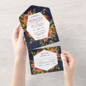 ネイビーブルー+焦茶オレンジの花柄 秋 紅葉シーズンの結婚式 オールインワン招待状 (貼ってはがせる)