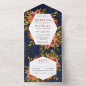 ネイビーブルー+焦茶オレンジの花柄 秋 紅葉シーズンの結婚式 オールインワン招待状 (内側)