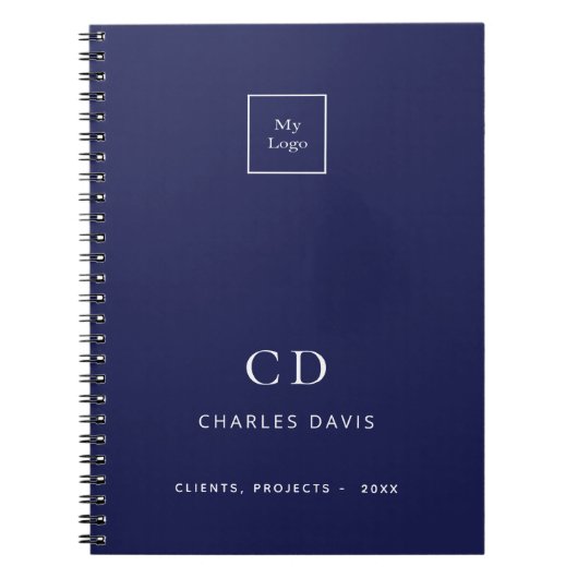 ネイビーブルー 白 モノグラムイニシャル ビジネス ロゴ ノートブック (正面)