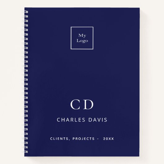 ネイビーブルー 白 モノグラムイニシャル ビジネス ロゴ ノートブック (正面)