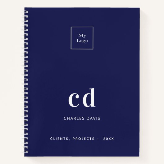 ネイビーブルー 白 モノグラムイニシャル ビジネス ロゴ ノートブック (正面)