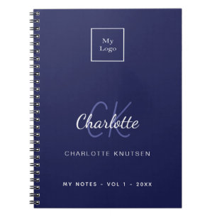 ネイビーブルー 白 モノグラム 名前 ビジネス ロゴ ノートブック