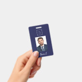 ネイビーブルー 白 写真 名前 ビジネス ロゴ バッジ (Handheld)