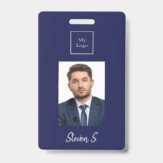 ネイビーブルー 白 写真 名前 ビジネス ロゴ バッジ (Front)