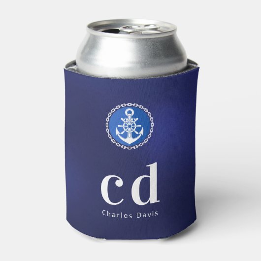 ネイビーブルー 白 nautical モノグラムイニシャル 名前 缶クーラー (缶正面)