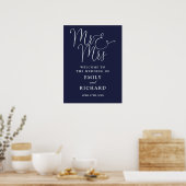ネイビーブルー 結婚式 ウェルカムサイン Mr. and Mrs. ポスター (キッチン)