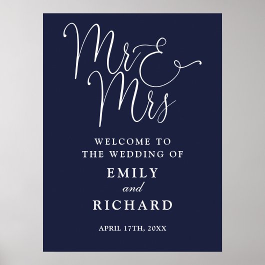 ネイビーブルー 結婚式 ウェルカムサイン Mr. and Mrs. ポスター (正面)