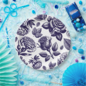 ネイビーブルー 花柄 ヴィンテージ ペーパープレート (パーティー)