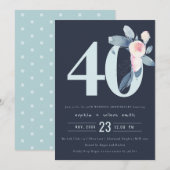 ネイビーブルー 花柄 40周年記念 おめでとう 招待状 (正面/裏面)