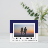 ネイビーブルー,赤面ピンクの結婚式Save the Date photo ポストカード (スタンド正面)