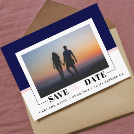 ネイビーブルー，赤面ピンクの結婚式Save the Date photo ポストカード