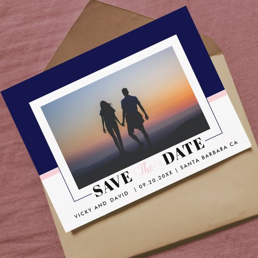 ネイビーブルー,赤面ピンクの結婚式Save the Date photo ポストカード