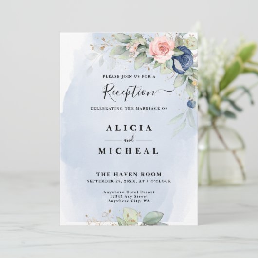 ネイビーブルー&赤面ピンクフラワーウェディングレセプション 招待状 (スタンド正面)