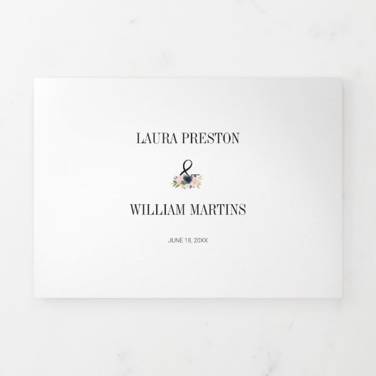 ネイビーブルー&赤面ピンクフローラズ結婚フォト 三つ折り招待状 (カバー)